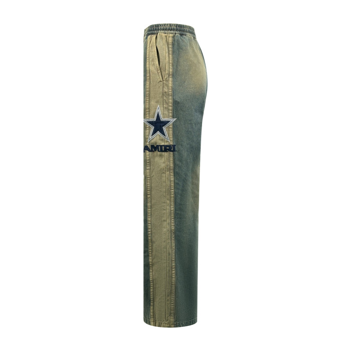 1:1 quality version Side Navy Star Appliqué Contrast Stripe Panel Elastic Drawstring Waist Vintage Mud Wash Wide Leg Baggy Streetwear Denim Jeans  29310926