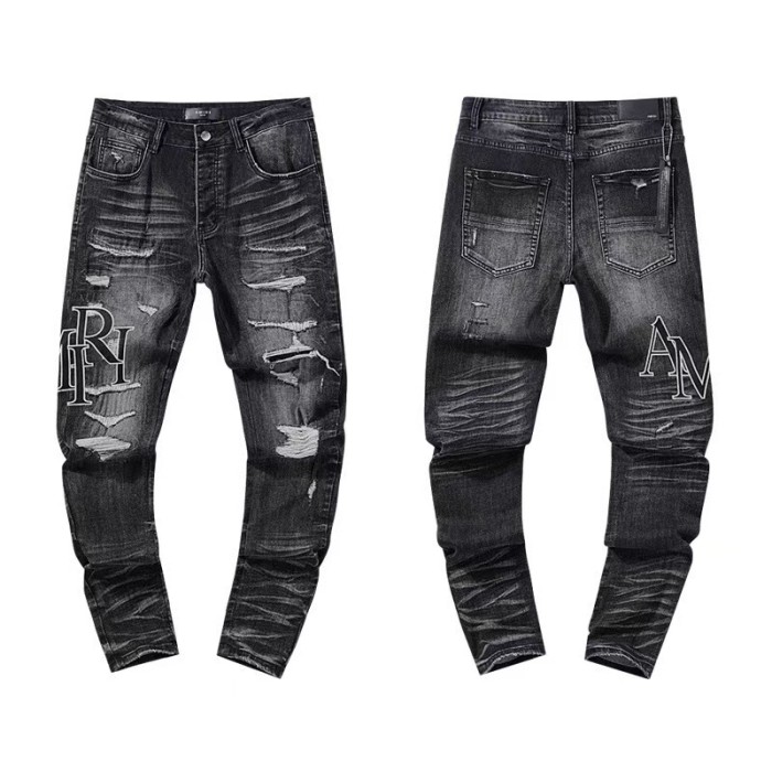 Multi Hand Ripped Destroyed Frayed Letter Logo Side Print Washed Ripped Skinny Stretch Denim Jeans 18 colors 29313539