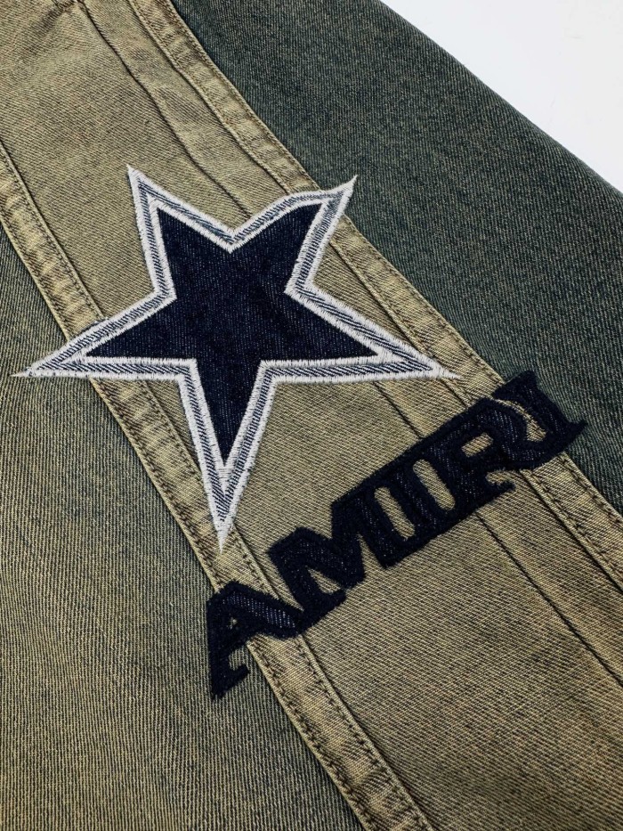 1:1 quality version Side Navy Star Appliqué Contrast Stripe Panel Elastic Drawstring Waist Vintage Mud Wash Wide Leg Baggy Streetwear Denim Jeans  29310926