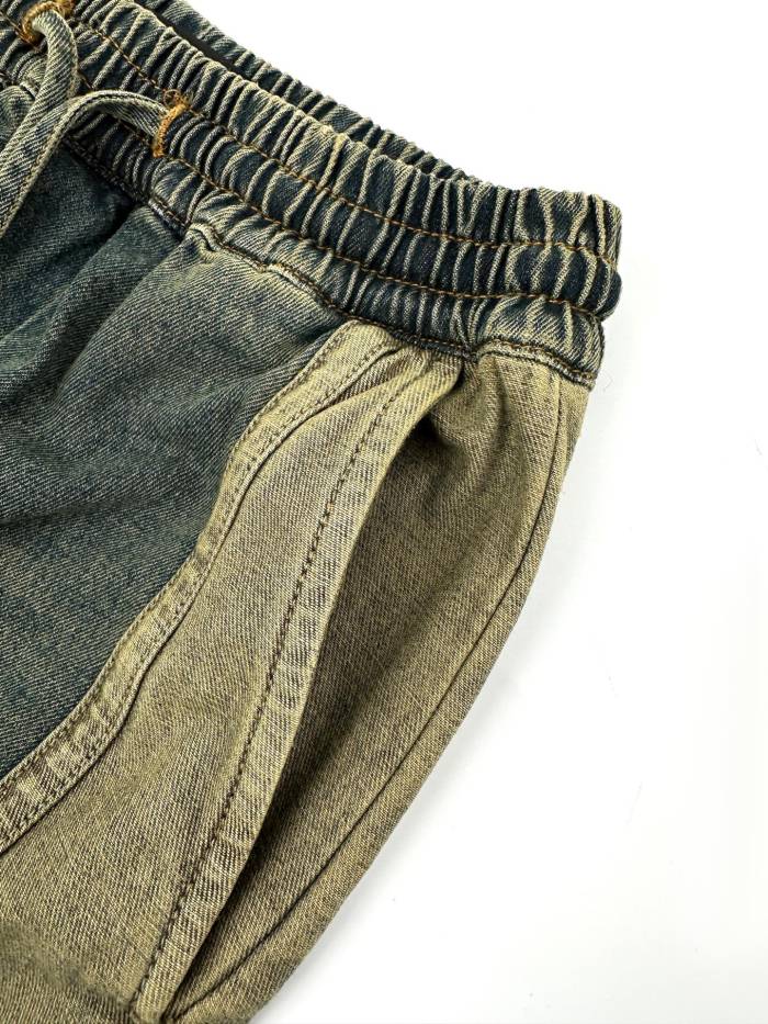 1:1 quality version Side Navy Star Appliqué Contrast Stripe Panel Elastic Drawstring Waist Vintage Mud Wash Wide Leg Baggy Streetwear Denim Jeans  29310926