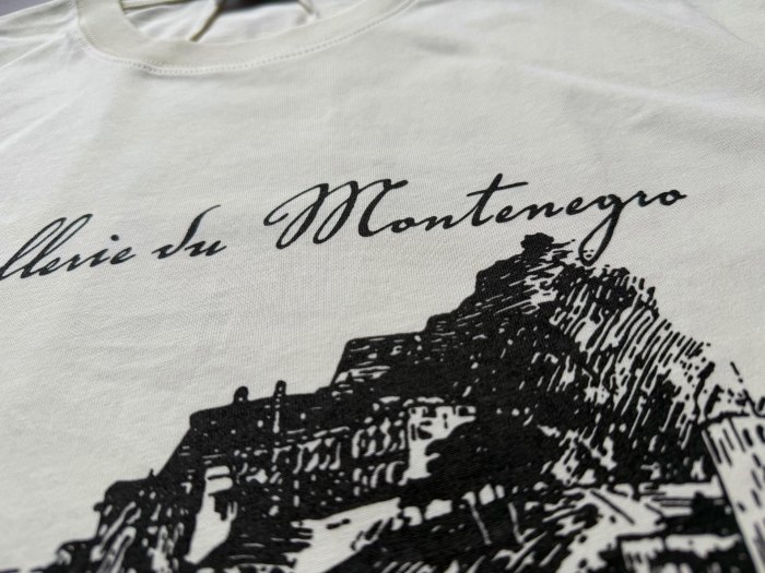 Vintage French Hand Sketch Montenegro Cliff Landscape Dual Side Cursive Script Letter Print Tee 2 colors 29310937