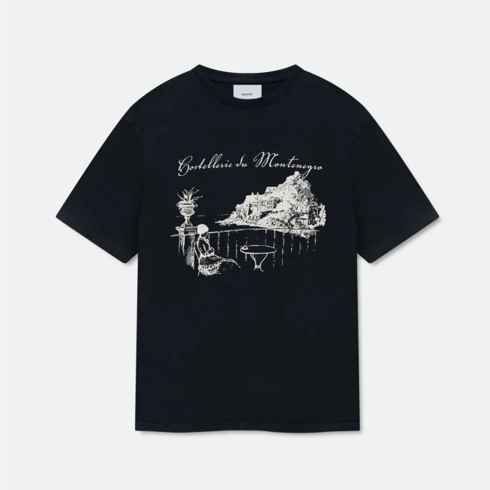 Vintage French Hand Sketch Montenegro Cliff Landscape Dual Side Cursive Script Letter Print Tee 2 colors 29310937