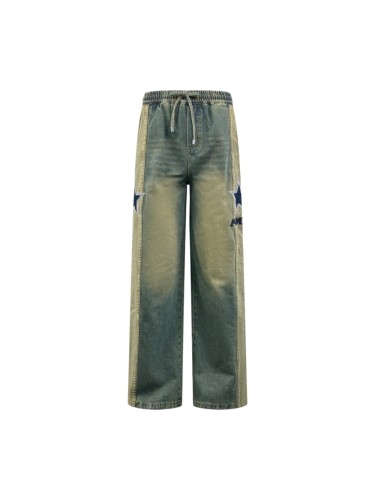 1:1 quality version Side Navy Star Appliqué Contrast Stripe Panel Elastic Drawstring Waist Vintage Mud Wash Wide Leg Baggy Streetwear Denim Jeans  29310926
