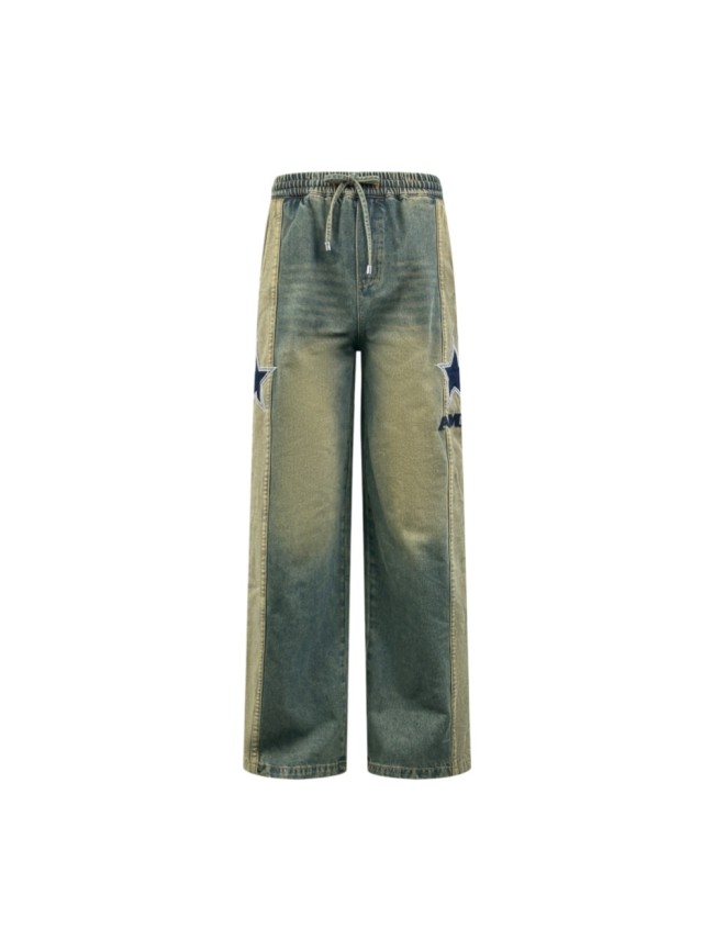 1:1 quality version Side Navy Star Appliqué Contrast Stripe Panel Elastic Drawstring Waist Vintage Mud Wash Wide Leg Baggy Streetwear Denim Jeans  29310926