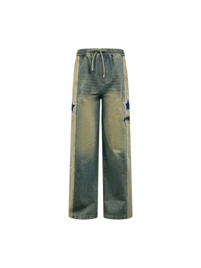1:1 quality version Side Navy Star Appliqué Contrast Stripe Panel Elastic Drawstring Waist Vintage Mud Wash Wide Leg Baggy Streetwear Denim Jeans  29310926