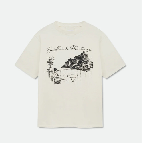 Vintage French Hand Sketch Montenegro Cliff Landscape Dual Side Cursive Script Letter Print Tee 2 colors 29310937
