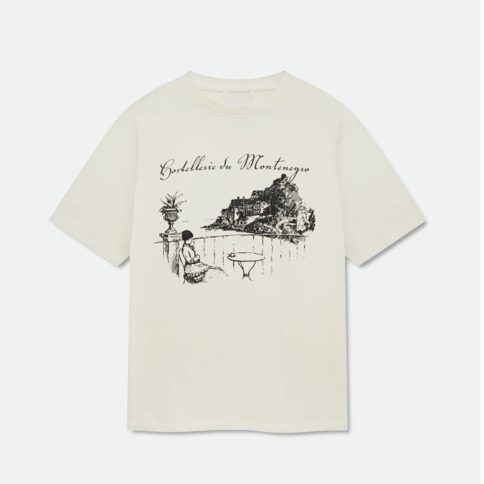 Vintage French Hand Sketch Montenegro Cliff Landscape Dual Side Cursive Script Letter Print Tee 2 colors 29310937