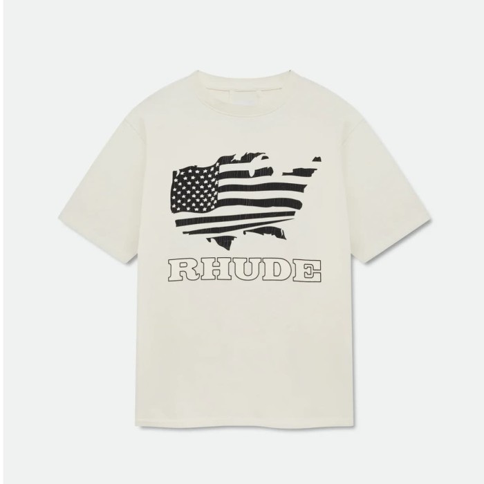 Retro Streetwear Single-Sided USA Map Distressed US Flag Outline Letter Print Tee 2 colors 29310941