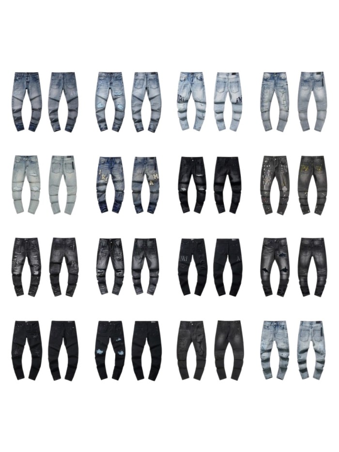 Multi Hand Ripped Destroyed Frayed Letter Logo Side Print Washed Ripped Skinny Stretch Denim Jeans 18 colors 29313539