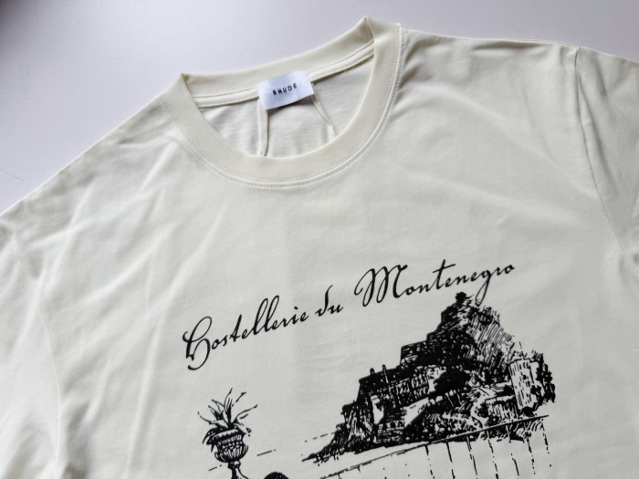 Vintage French Hand Sketch Montenegro Cliff Landscape Dual Side Cursive Script Letter Print Tee 2 colors 29310937