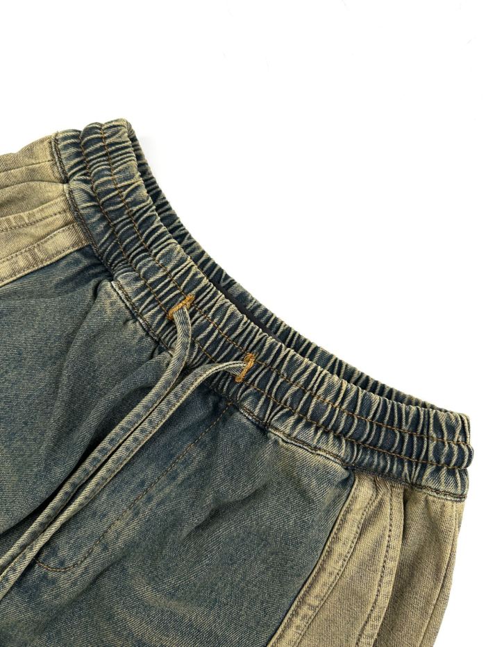 1:1 quality version Side Navy Star Appliqué Contrast Stripe Panel Elastic Drawstring Waist Vintage Mud Wash Wide Leg Baggy Streetwear Denim Jeans  29310926