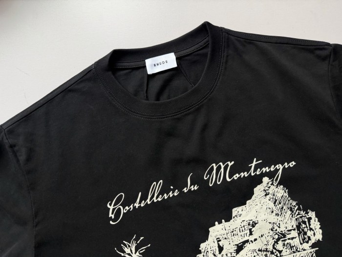 Vintage French Hand Sketch Montenegro Cliff Landscape Dual Side Cursive Script Letter Print Tee 2 colors 29310937