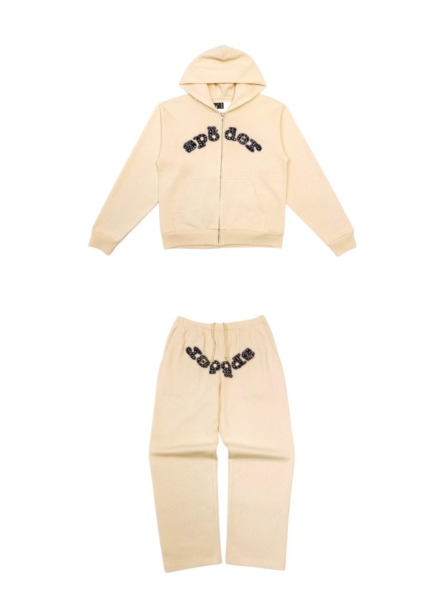 [Big & Tall for weights up to 220 lbs]1:1 quality version Mixed Rhinestone Letter Beige Zip Hoodie & Pants Set 29319554