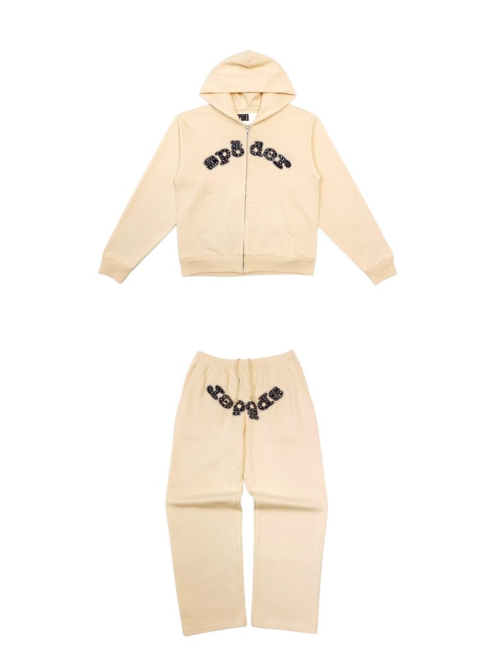 [Big & Tall for weights up to 220 lbs]1:1 quality version Mixed Rhinestone Letter Beige Zip Hoodie & Pants Set 29319554