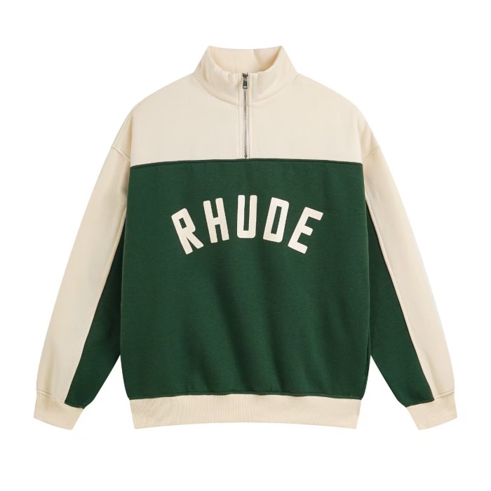 Vintage College Style Rhude Letter Print Color Block Half Zip Fleece Lined Sweatshirt & Sweatpants Set 4 colors 29317688