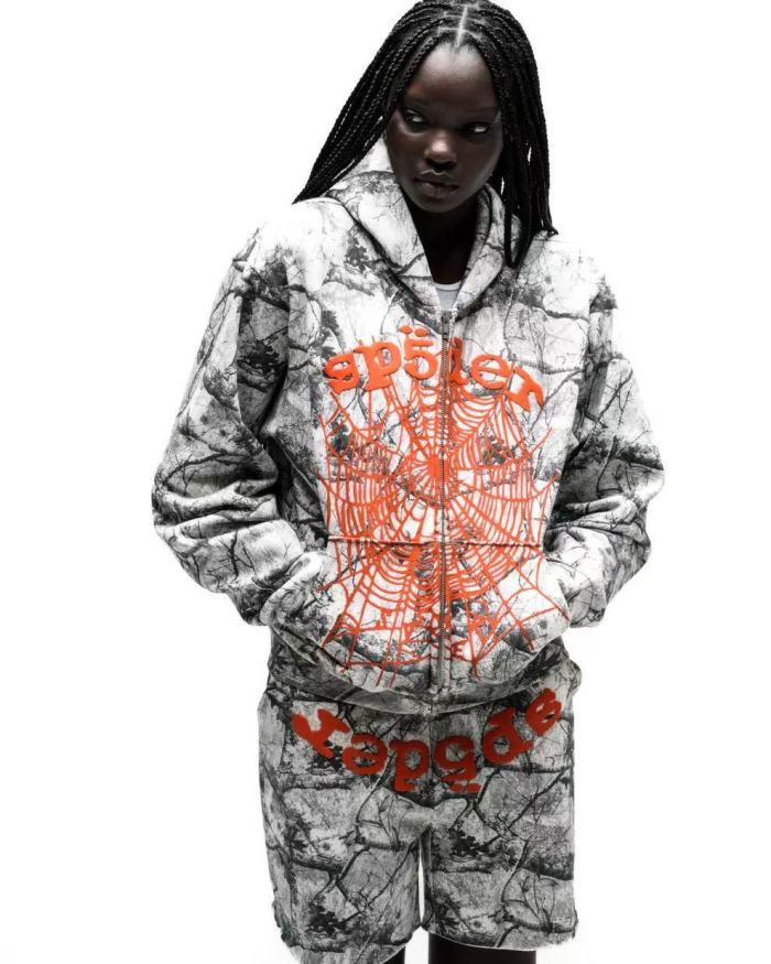 [Big & Tall for weights up to 220 lbs]1:1 quality version Orange Letter Jungle Floral Zip Hoodie & Shorts Set 29319551