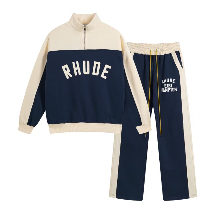 Vintage College Style Rhude Letter Print Color Block Half Zip Fleece Lined Sweatshirt & Sweatpants Set 4 colors 29317688