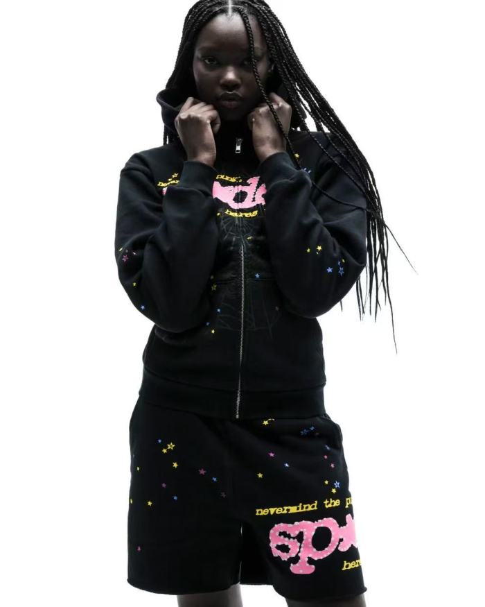 [Big & Tall for weights up to 220 lbs]1:1 quality version Pink Letter Black Mesh Black Zip Hoodie & Shorts Set 29319550