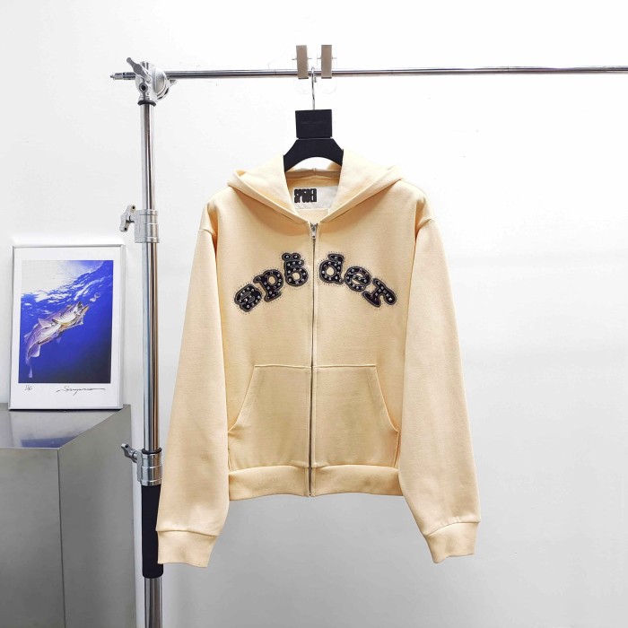 [Big & Tall for weights up to 220 lbs]1:1 quality version Mixed Rhinestone Letter Beige Zip Hoodie & Pants Set 29319554
