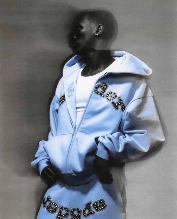 [Big & Tall for weights up to 220 lbs]1:1 quality version Mixed Rhinestone Letter Light Blue Zip Hoodie & Pants Set 29319555