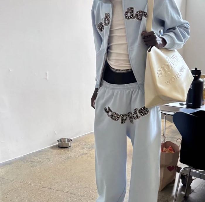 [Big & Tall for weights up to 220 lbs]1:1 quality version Mixed Rhinestone Letter Light Blue Zip Hoodie & Pants Set 29319555