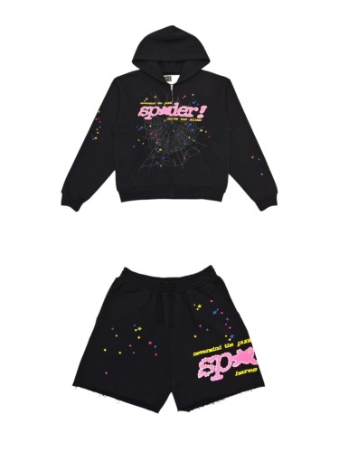 [Big & Tall for weights up to 220 lbs]1:1 quality version Pink Letter Black Mesh Black Zip Hoodie & Shorts Set 29319550