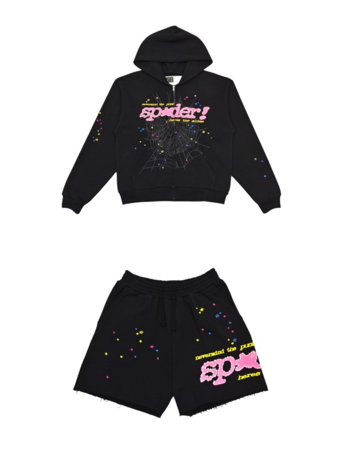 [Big & Tall for weights up to 220 lbs]1:1 quality version Pink Letter Black Mesh Black Zip Hoodie & Shorts Set 29319550