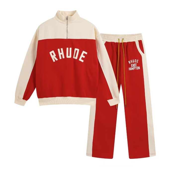 Vintage College Style Rhude Letter Print Color Block Half Zip Fleece Lined Sweatshirt & Sweatpants Set 4 colors 29317688