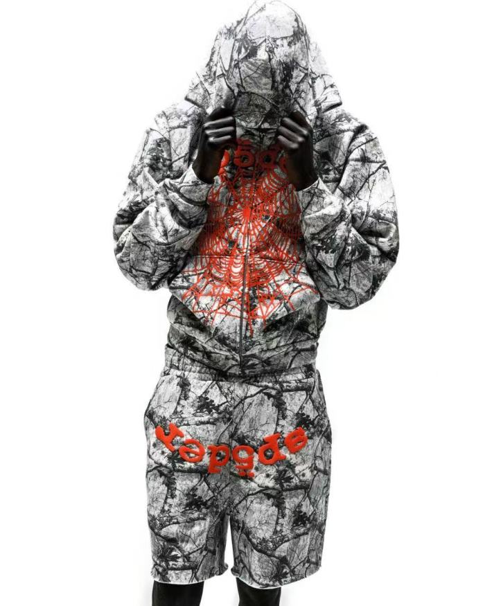 [Big & Tall for weights up to 220 lbs]1:1 quality version Orange Letter Jungle Floral Zip Hoodie & Shorts Set 29319551