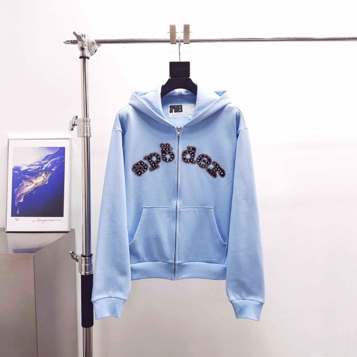 [Big & Tall for weights up to 220 lbs]1:1 quality version Mixed Rhinestone Letter Light Blue Zip Hoodie & Pants Set 29319555