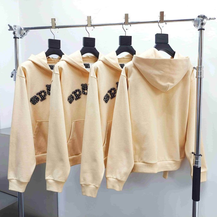 [Big & Tall for weights up to 220 lbs]1:1 quality version Mixed Rhinestone Letter Beige Zip Hoodie & Pants Set 29319554
