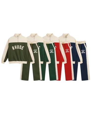 Vintage College Style Rhude Letter Print Color Block Half Zip Fleece Lined Sweatshirt & Sweatpants Set 4 colors 29317688
