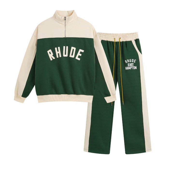 Vintage College Style Rhude Letter Print Color Block Half Zip Fleece Lined Sweatshirt & Sweatpants Set 4 colors 29317688