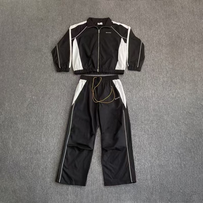 Vintage American Sport Style Letter Embroidery Color Block Zip-Up Cropped Jacket & Pants Set 2 colors 29317364