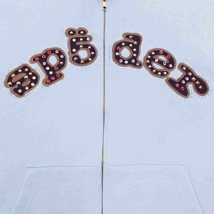 [Big & Tall for weights up to 220 lbs]1:1 quality version Mixed Rhinestone Letter Light Blue Zip Hoodie & Pants Set 29319555