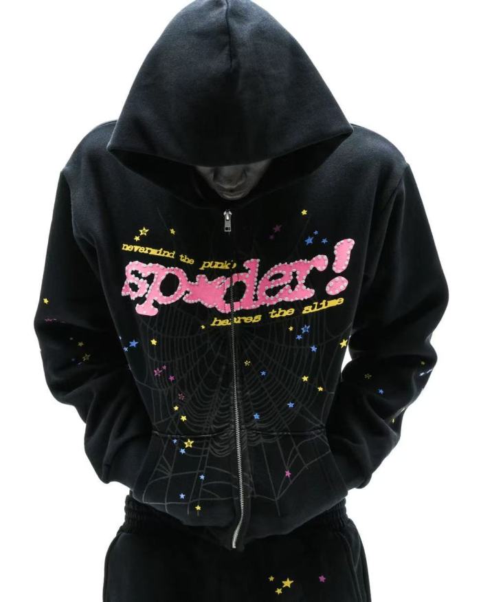 [Big & Tall for weights up to 220 lbs]1:1 quality version Pink Letter Black Mesh Black Zip Hoodie & Shorts Set 29319550