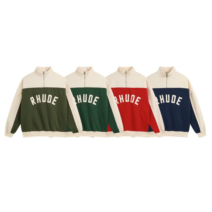 Vintage College Style Rhude Letter Print Color Block Half Zip Fleece Lined Sweatshirt & Sweatpants Set 4 colors 29317688