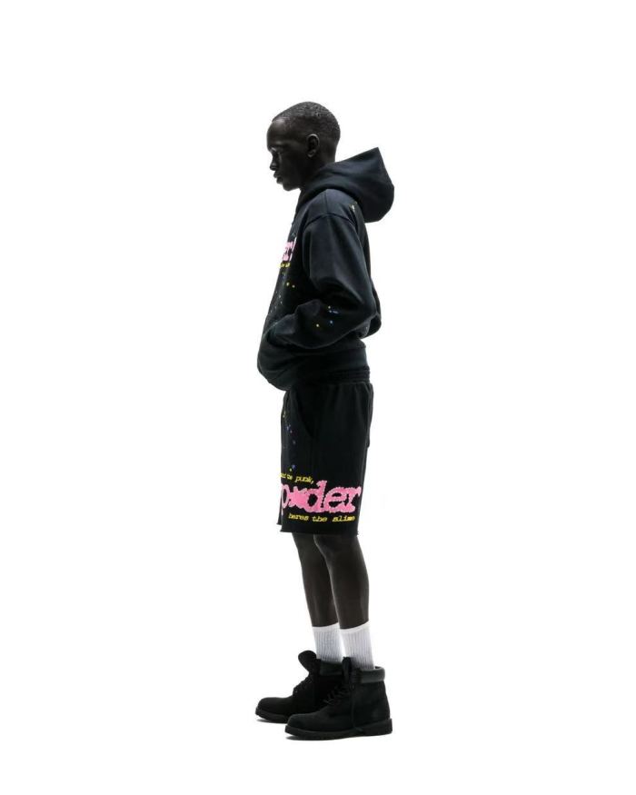 [Big & Tall for weights up to 220 lbs]1:1 quality version Pink Letter Black Mesh Black Zip Hoodie & Shorts Set 29319550