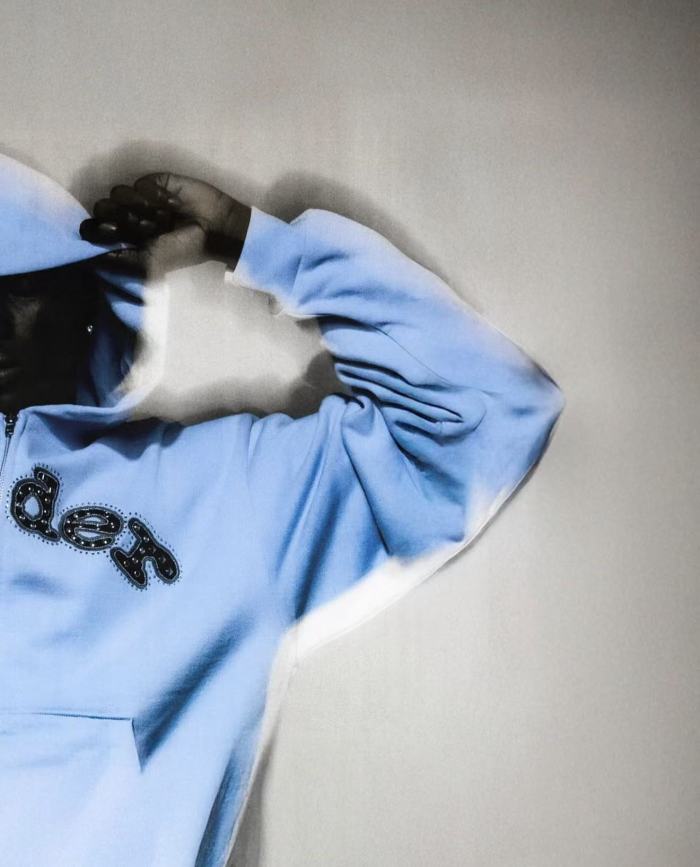 [Big & Tall for weights up to 220 lbs]1:1 quality version Mixed Rhinestone Letter Light Blue Zip Hoodie & Pants Set 29319555