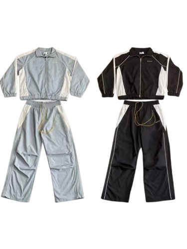Vintage American Sport Style Letter Embroidery Color Block Zip-Up Cropped Jacket & Pants Set 2 colors 29317364
