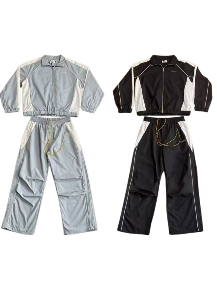Vintage American Sport Style Letter Embroidery Color Block Zip-Up Cropped Jacket & Pants Set 2 colors 29317364