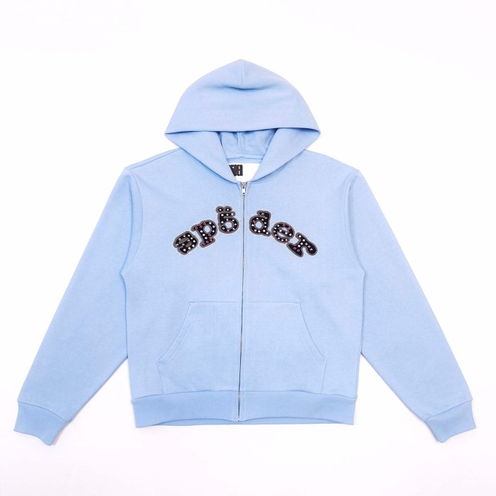 [Big & Tall for weights up to 220 lbs]1:1 quality version Mixed Rhinestone Letter Light Blue Zip Hoodie & Pants Set 29319555