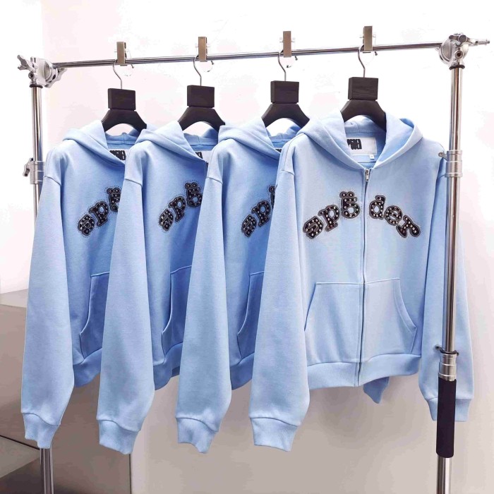 [Big & Tall for weights up to 220 lbs]1:1 quality version Mixed Rhinestone Letter Light Blue Zip Hoodie & Pants Set 29319555