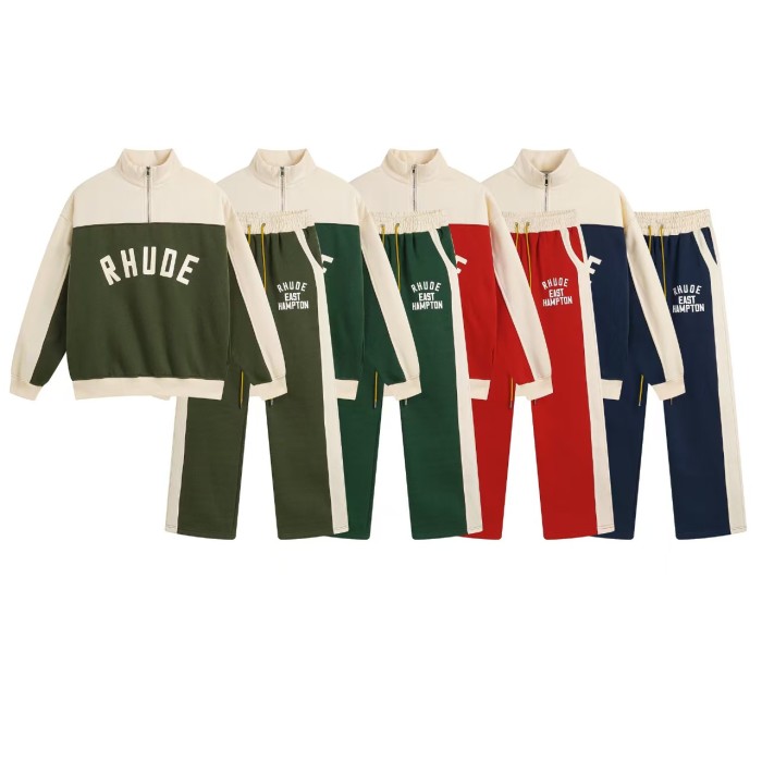 Vintage College Style Rhude Letter Print Color Block Half Zip Fleece Lined Sweatshirt & Sweatpants Set 4 colors 29317688