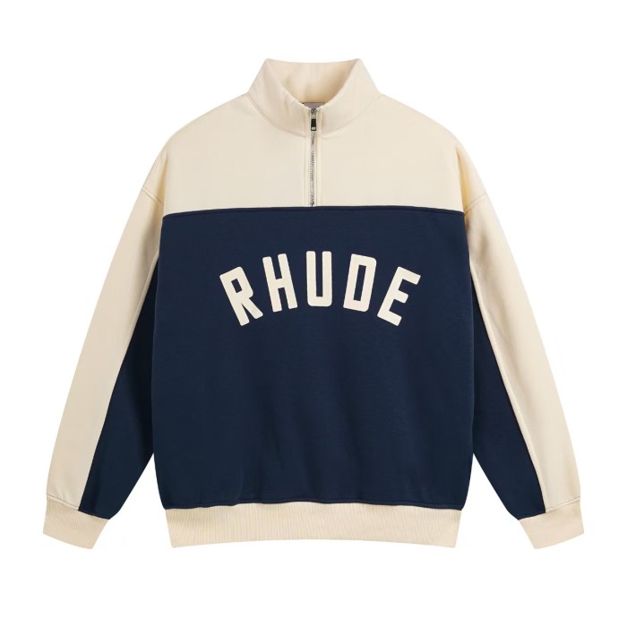 Vintage College Style Rhude Letter Print Color Block Half Zip Fleece Lined Sweatshirt & Sweatpants Set 4 colors 29317688