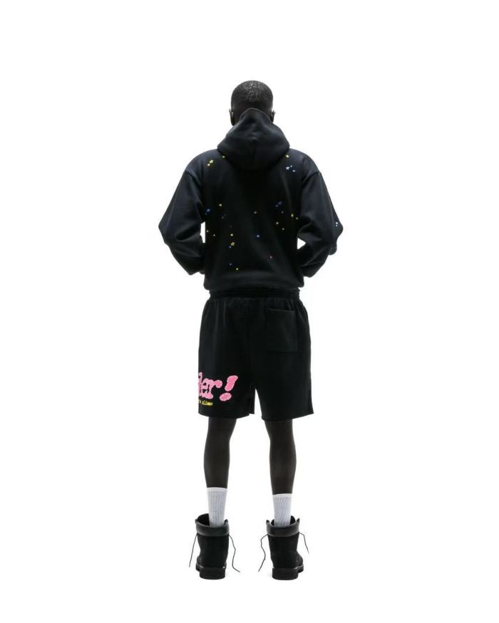 [Big & Tall for weights up to 220 lbs]1:1 quality version Pink Letter Black Mesh Black Zip Hoodie & Shorts Set 29319550