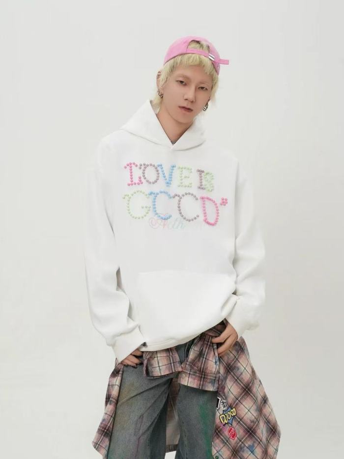Macaron Color Pearl Slogan Embroidery Hoodie 2 colors 29319478