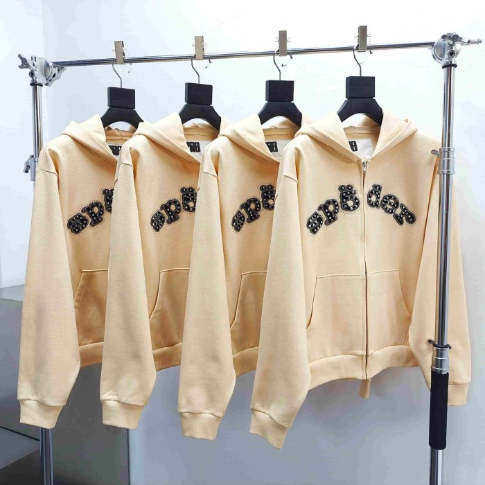 [Big & Tall for weights up to 220 lbs]1:1 quality version Mixed Rhinestone Letter Beige Zip Hoodie & Pants Set 29319554