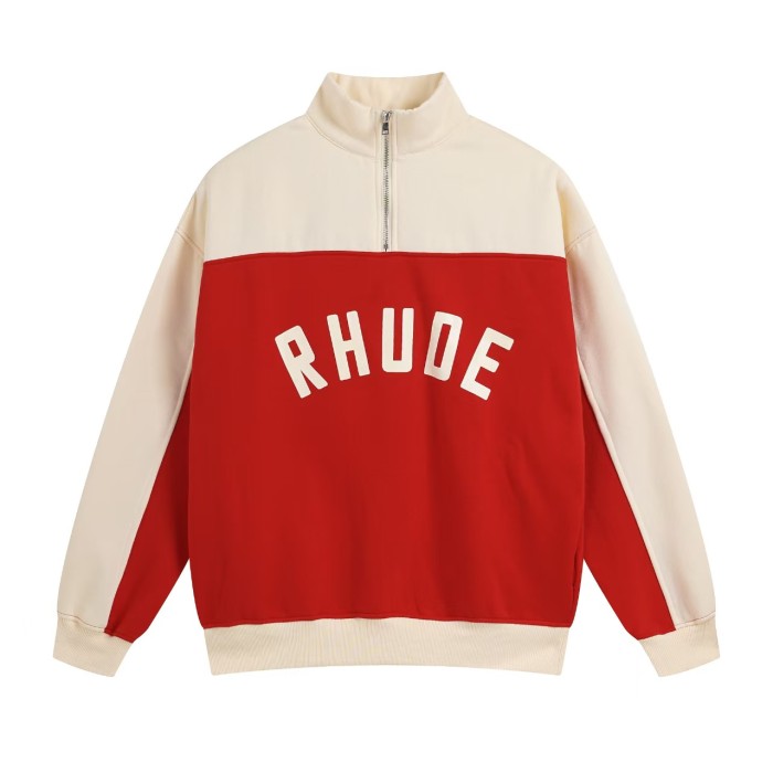 Vintage College Style Rhude Letter Print Color Block Half Zip Fleece Lined Sweatshirt & Sweatpants Set 4 colors 29317688