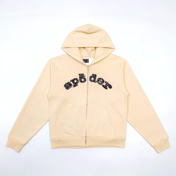 [Big & Tall for weights up to 220 lbs]1:1 quality version Mixed Rhinestone Letter Beige Zip Hoodie & Pants Set 29319554